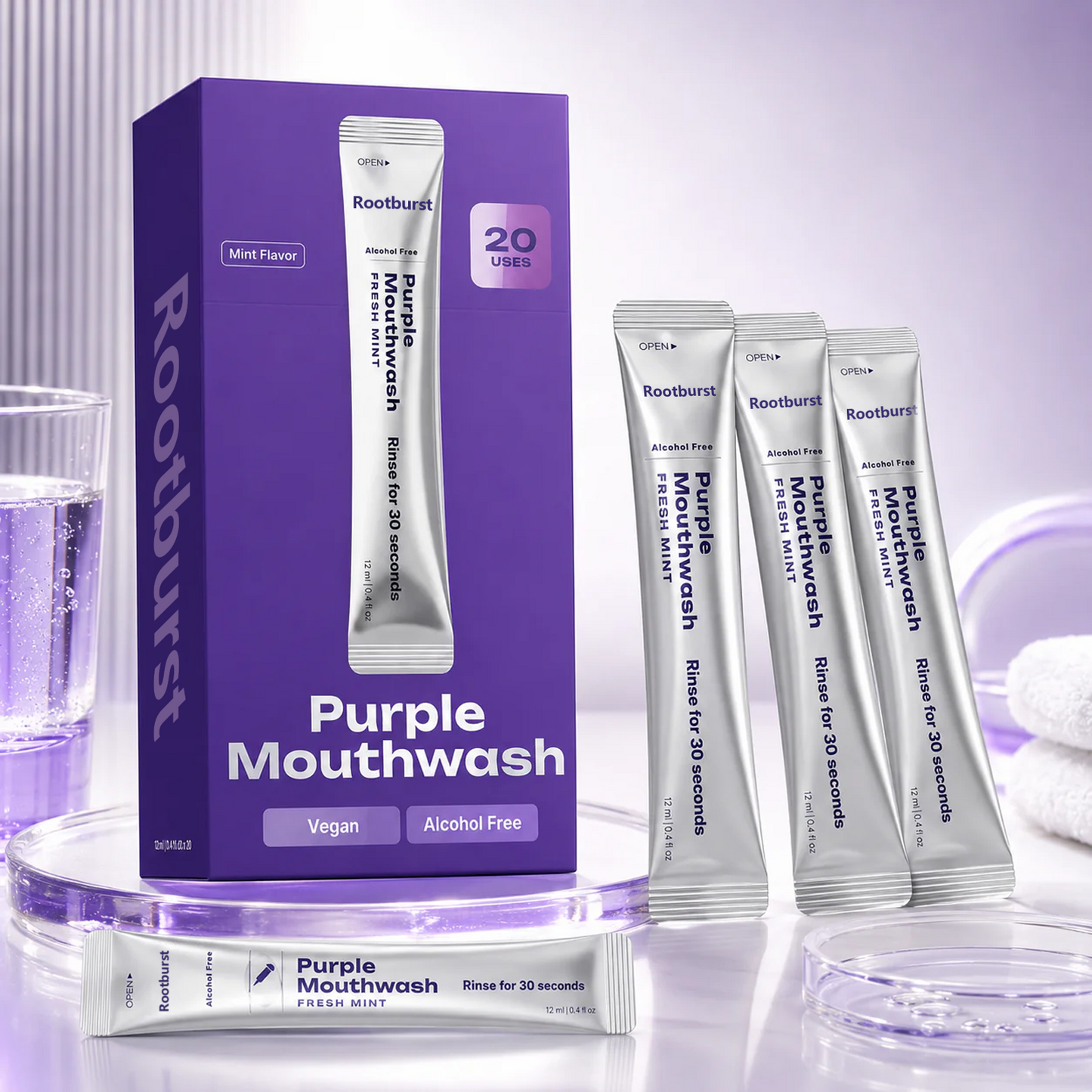 Rootburst Purple Mouthwash Sachets 20 Pack | Peroxide-Free Mint Oral Care, Alcohol-Free & Vegan