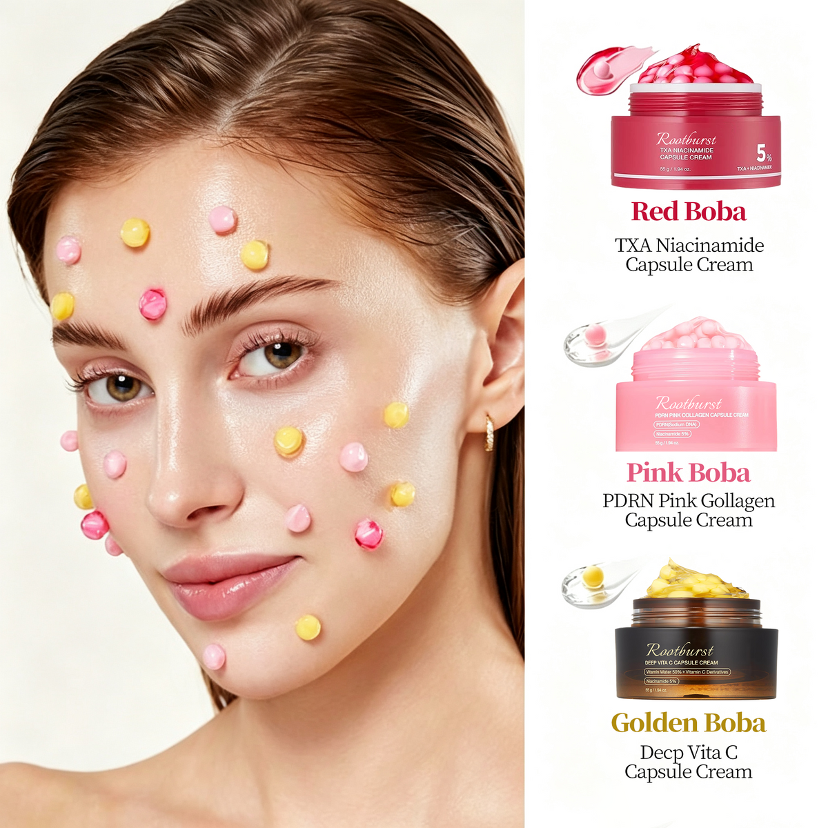Rootburst Mix & Match Boba Cream Set | 3 Capsule Creams for Radiance, Hydration & Even-Looking Skin