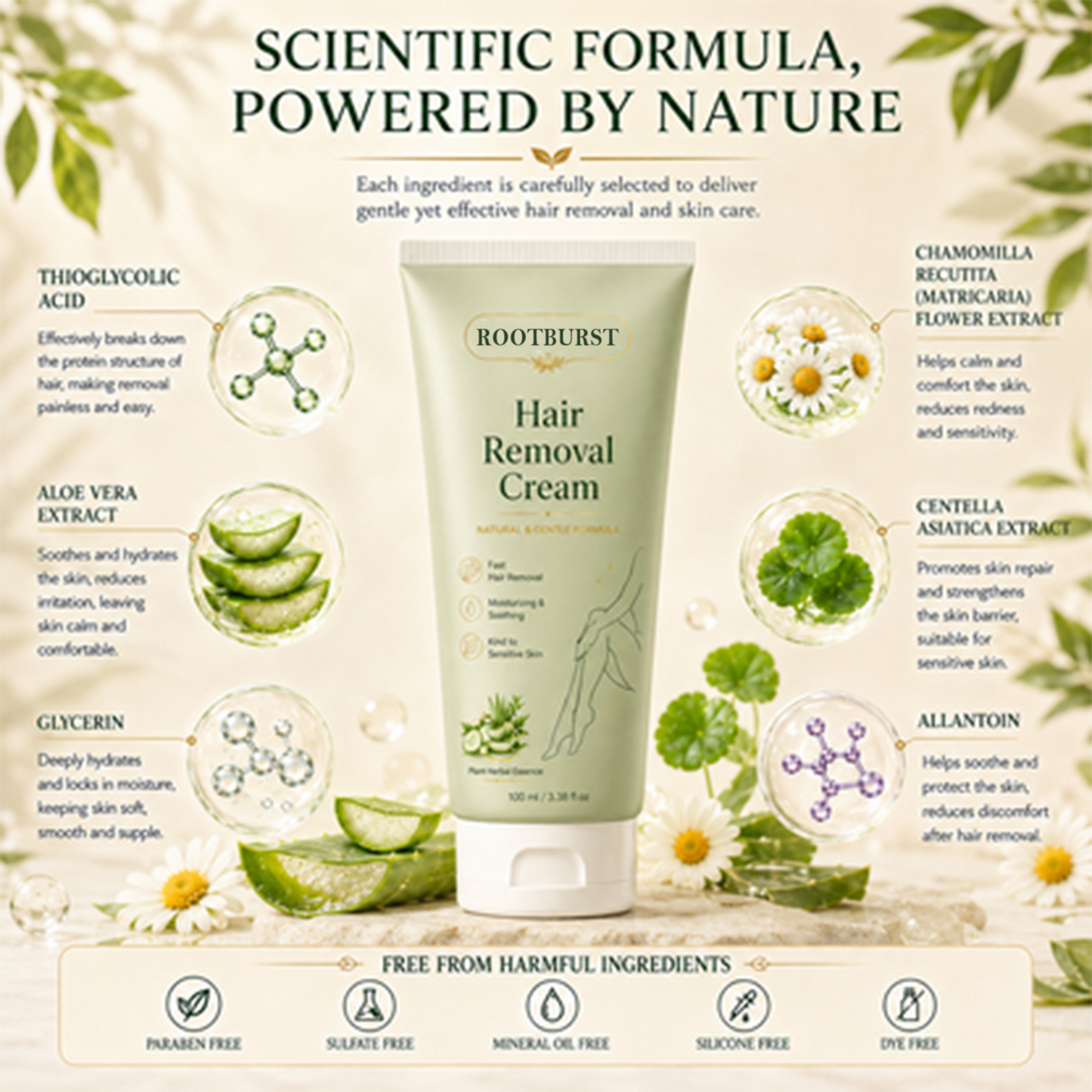 Rootburst™ Natural Gentle Hair Removal Cream | For Women & Men, Sensitive Skin