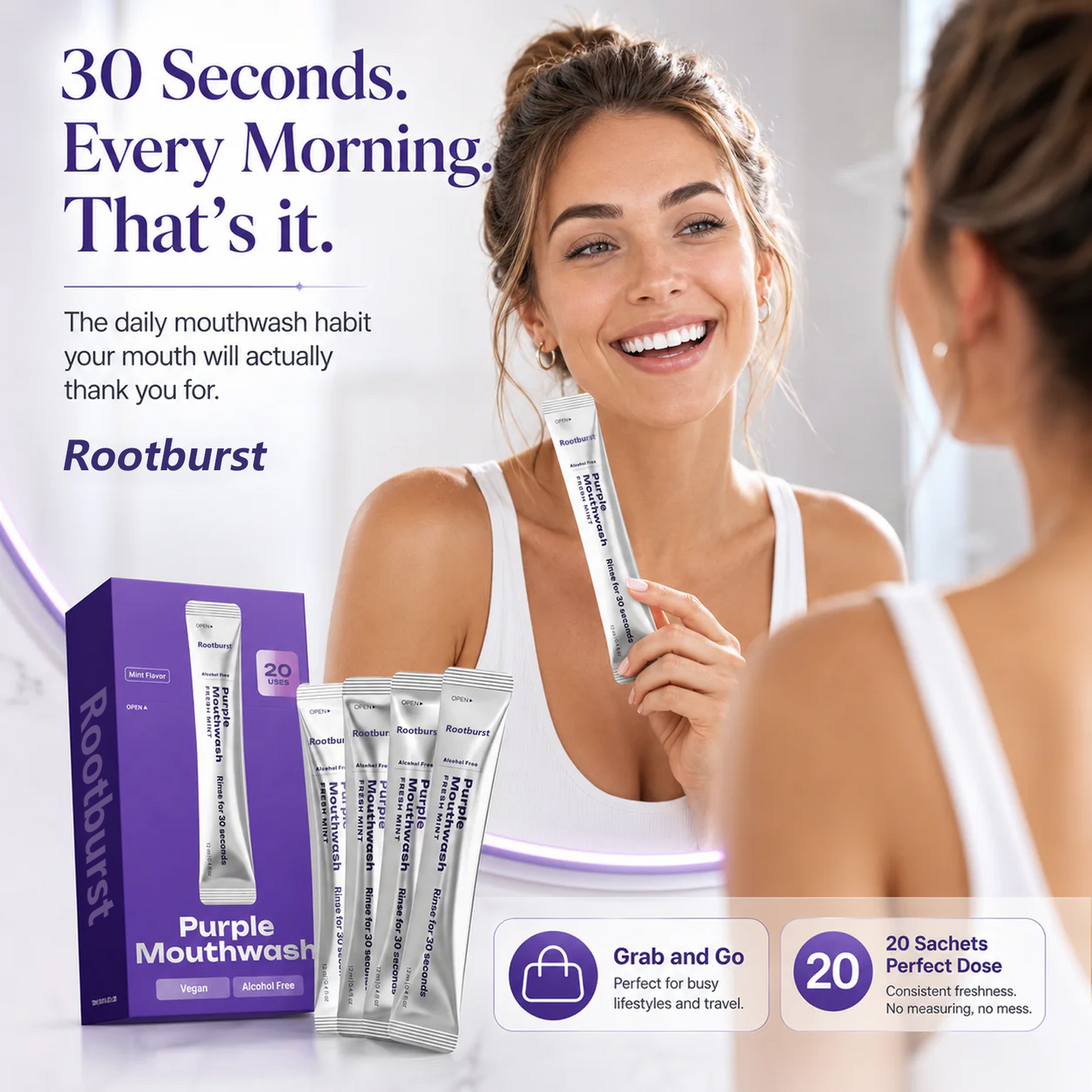 Rootburst Purple Mouthwash Sachets 20 Pack | Peroxide-Free Mint Oral Care, Alcohol-Free & Vegan