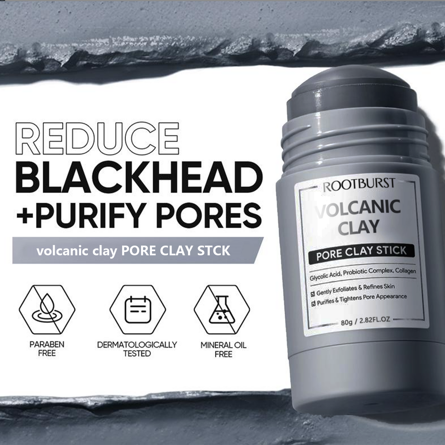 Rootburst Volcano Clay Stick – Easy Oil Control, Pore Care & Blackhead Cleansing | Gentle, Non-Drying