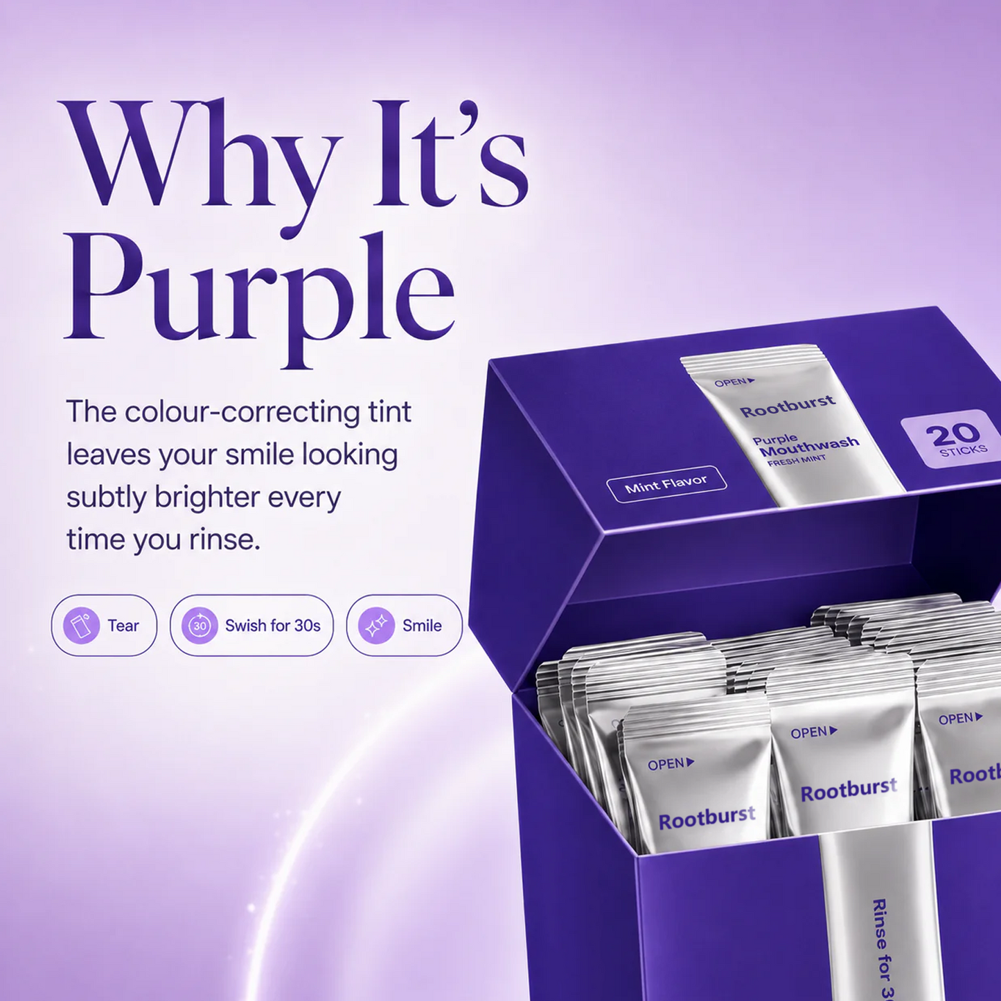 Rootburst Purple Mouthwash Sachets 20 Pack | Peroxide-Free Mint Oral Care, Alcohol-Free & Vegan
