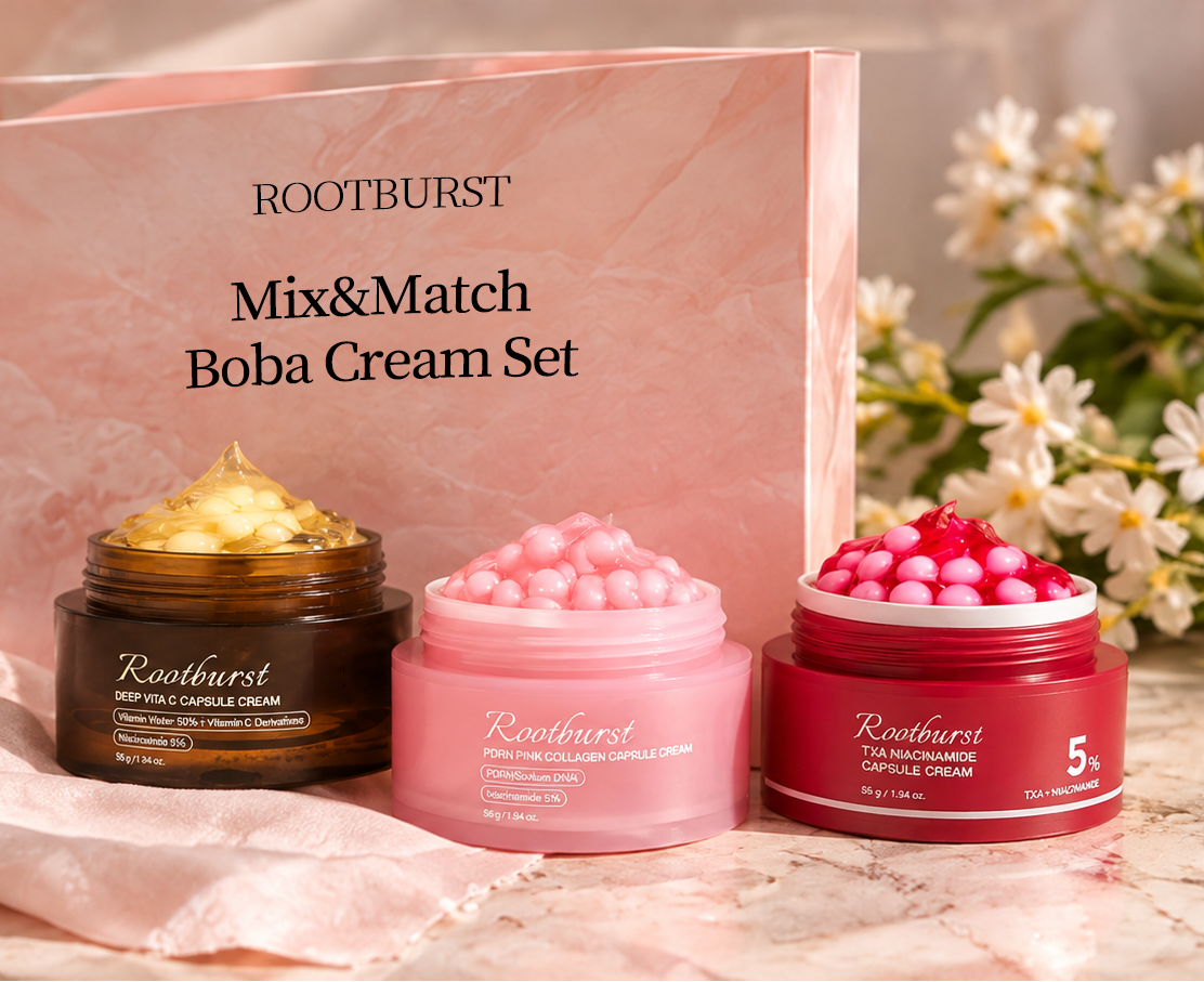 Rootburst Mix & Match Boba Cream Set | 3 Capsule Creams for Radiance, Hydration & Even-Looking Skin